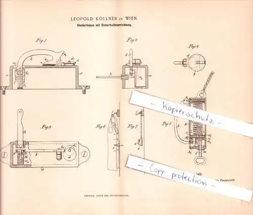 Original Patent - Leopold Köllner in Wien  , 1892 , Kleiderhaken mit Sicherheitsvorrichtung !!!