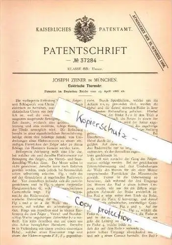 Original Patent - Joseph Zeiner in München , 1886 , elektrische Turmuhr , Kirche , Uhr !!!