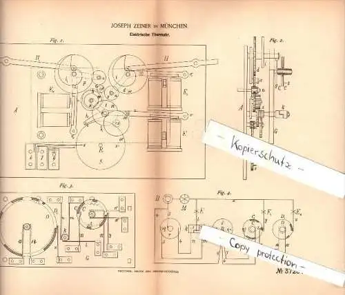 Original Patent - Joseph Zeiner in München , 1886 , elektrische Turmuhr , Kirche , Uhr !!!