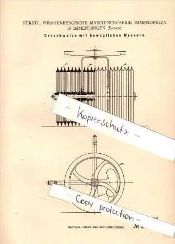 Original Patent - Fürstenbergische Maschinenfabrik in Immendingen , 1883 , Dreschwalze , Landwirtschaft , Agrar !!!