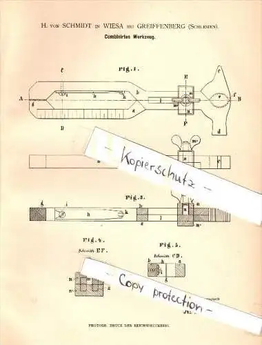 Original Patent - H. von Schmidt in Wiesa / Kodersdorf b. Greiffenberg / Gryfów Slaski , 1883 , Combiniertes Werkzeug !!