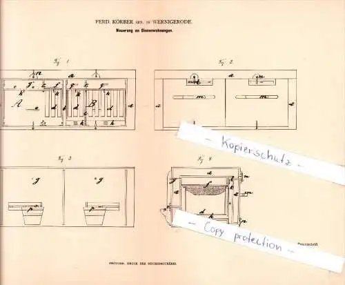 Original Patent  - Ferd. Körber in Wernigerode  , 1884 ,  Neuerung an Bienenwohnungen , Imkerei , Imker !!!