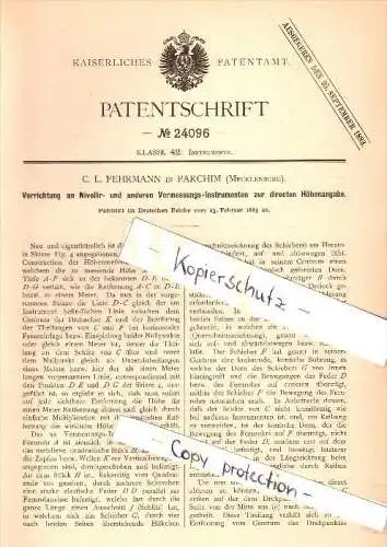 Original Patent - C.L. Fehrmann in Parchim i. Mecklenburg , 1883 , Nivelliergerät , Vermessung , Bau !!!