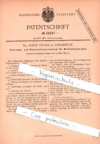 Original Patent  - Dr. Alwin Vietor in Osnabrück , 1885 , Eisenbahnbetrieb !!!