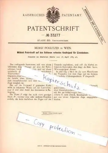 Original Patent  - Moritz Pollitzer in Wien , 1885 , Eisenbahnbetrieb , Eisenbahn !!!