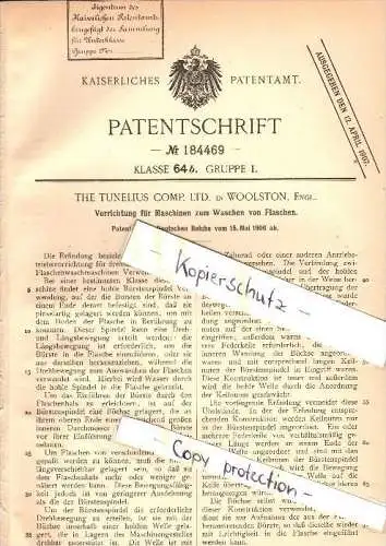 Original Patent - The Tunelius Comp. Ltd. inn Woolston , 1906 , machine for washing bottles , bottle !!!