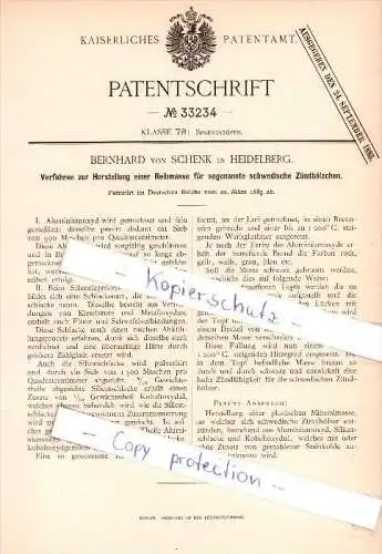 Original Patent - Bernhard von Schenk in Heidelberg , 1885 , Sprengstoffe !!!