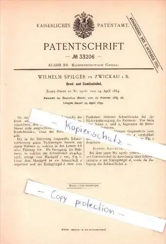 Original Patent - Wilhelm Spilger in Zwickau i. S. , 1885 , Brod- und Gemüsehobel !!!