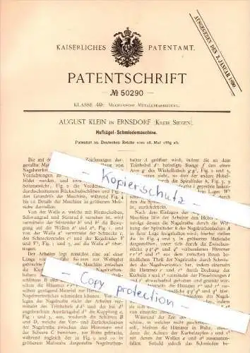 Original Patent - August Klein in Ernsdorf , Kreis Siegen , 1889 , Hufnägel - Schmiedemaschine , Schmied , Kreuztal !!!