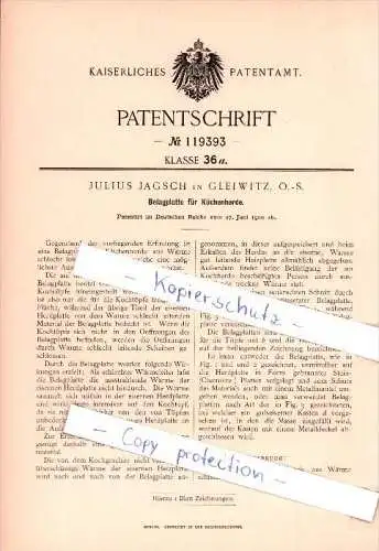 Original Patent - Julius Jagsch in Gleiwitz , O.-S. , 1900 , Belagplatte für Küchenherde !!!