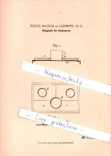 Original Patent - Julius Jagsch in Gleiwitz , O.-S. , 1900 , Belagplatte für Küchenherde !!!