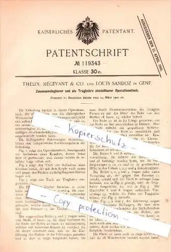 Original Patent - Thelin, Megevant & Co. und Louis Sandoz in Genf , 1900 , einstellbarer Operationstisch , Arzt , Klinik