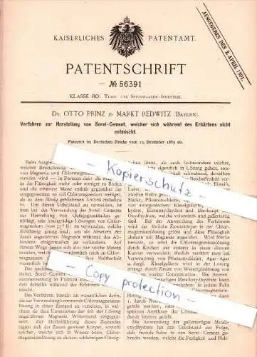 Original Patent -  Dr. Otto Prinz in Markt Redwitz , 1889 , Thon- und Steinwaaren-Industrie !!!