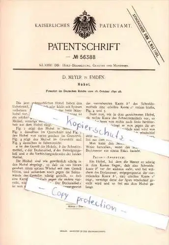 Original Patent - D. Meyer in Emden , 1890 ,  Hobel , Holzbearbeitung , Tischlerei !!!