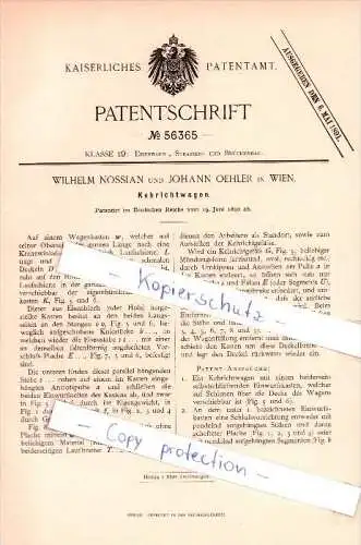 Original Patent - Wilhelm Nossian und Johann Oehler in Wien , 1890 , Kehrichtwagen , Strassenreinigung !!!