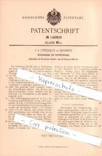 Original Patent - J. A. Steenken in Bremen , 1903 , Schutzmaske für Schiffsbrüchige !!!