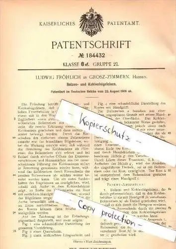 Original Patent - Ludwig Fröhlich in Groß Zimmern i. Hessen , 1906 , Bolzen- und Kohlenbügeleisen , Bügeleisen !!!