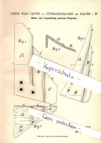 Original Patent - F.W. Clever in Othmaringhausen b. Halver i.W. , 1886 , Pflugschar , Pflug , Landwirtschaft !!!