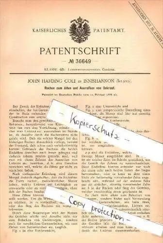 Original Patent - John Harding Cole in Innishannon , Ireland , 1886 , Rake for weeding , Cork - Bandon road !!!