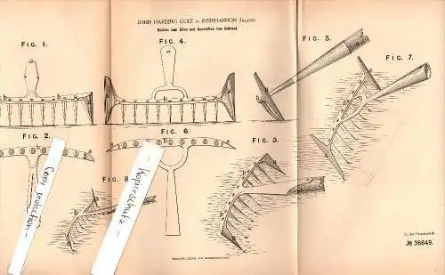 Original Patent - John Harding Cole in Innishannon , Ireland , 1886 , Rake for weeding , Cork - Bandon road !!!