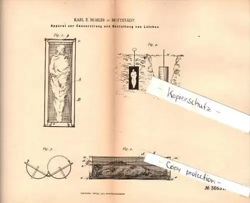 Original Patent - Karl Buhler in Buttstädt b. Sömmerda , 1886 , Apparat zur Konservierung von Leichen , Bestatter !!!