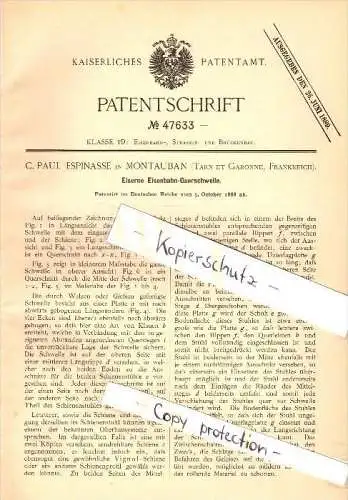 Original Patent - C. Paul Espinasse à Montauban , Tarn et Garonn , 1888 , fer chemin de fer traverse !!!