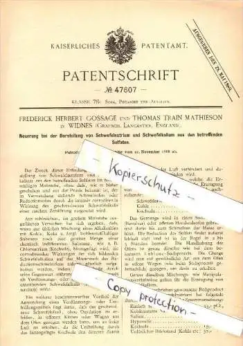 Original Patent - F.H. Gossage and Th. Mathieson in Widnes , 1888 , Representation of sodium sulphide , Lancaster !!!