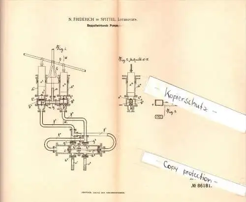 Original Patent - N. Friderich à Spittel / Spitel , Lothringen , 1895 , pompe à double effet !!!