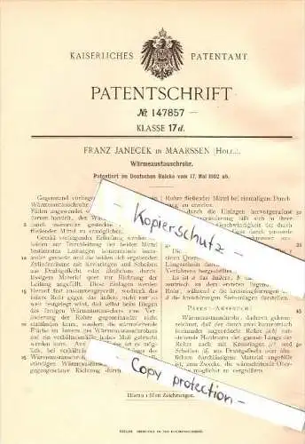 Original Patent - Franz Janecek in Maarssen , Holland , 1902 , Wärmetauschrohr , Stichtse Vecht !!!