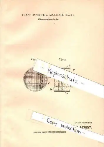 Original Patent - Franz Janecek in Maarssen , Holland , 1902 , Wärmetauschrohr , Stichtse Vecht !!!