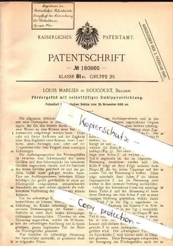 Original Patent - Louis Marlier in Roucourt , Belgien , 1905 , Fördergefäß mit Umkippvorrichtung , Péruwelz !!!