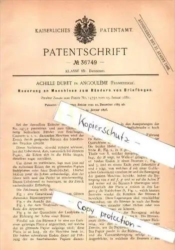 Original Patent - Achille Duret à Angouleme , 1885 , Machine pour le papier à lettre, d'impression !!!