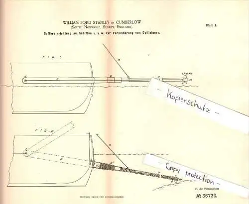 Original Patent - W.F. Stanley in Cumberlow , South Norwood , Surrey , 1886, Apparatus for ships to prevent accidents !!