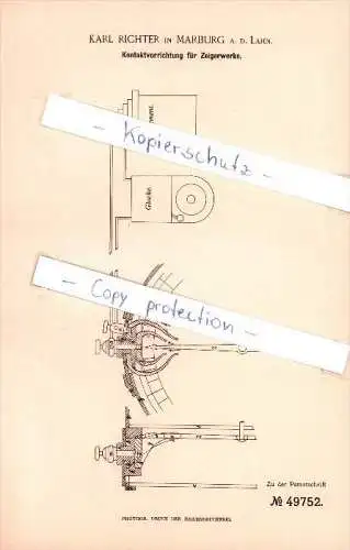 Original Patent - Karl Richter in Marburg a.d. Lahn , 1889 ,  Kontaktvorrichtung für Zeigerwerke , Signalwesen !!!