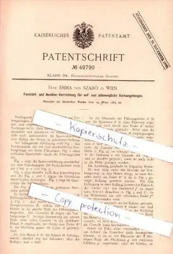 Original Patent - Emma von Szabo in Wien , 1889 , Vorrichtung für Vorhänge , Haushalt !!!