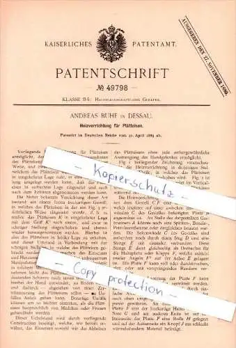 Original Patent - Andreas Buhe in Dessau , 1889 , Heizvorrichtung für Plätteisen !!!