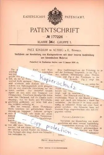 Original Patent - Paul Kindler in Aussig / Usti nad Labem , Böhmen , 1906 , Herstellung von Kochgeschirren !!!