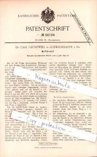 Original Patent - Dr. Carl Grünzweig in Ludwigshafen a. Rh. , 1890 , Heftknopf , Buchbinderei !!!