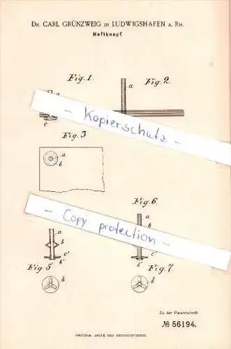 Original Patent - Dr. Carl Grünzweig in Ludwigshafen a. Rh. , 1890 , Heftknopf , Buchbinderei !!!