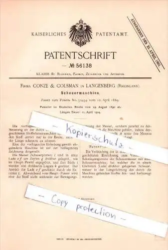 Original Patent - Conze & Colsman in Langenberg b. Velbert , 1890 , Scheuermaschine , Bleichen , Färben !!!