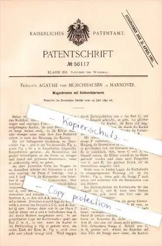 Original Patent - Agathe von Münchhausen in Hannover , 1890 , Sattlerei und Wagenbau !!!