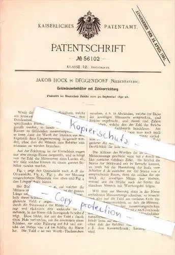 Original Patent - Jakob Hock in Deggendorf , Niederbayern , 1890 , Geldmünzenbehälter mit Zählvorrichtung , Sparkasse !!