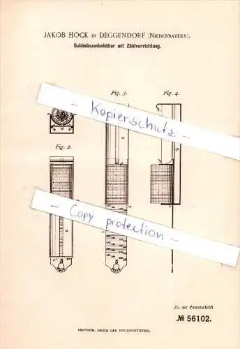 Original Patent - Jakob Hock in Deggendorf , Niederbayern , 1890 , Geldmünzenbehälter mit Zählvorrichtung , Sparkasse !!