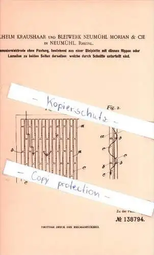 Original Patent -  Wilhelm Kraushaar und bleiwerk Neumühl Morian & Cie , 1901 , Sammelelektrode !!!