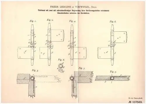 Original Patent - Friedr. Liedgens in Vohwinkel b. Wuppertal , 1899 , Türband , Schlosserei , Türenbau !!!