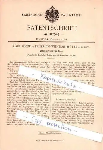 Original Patent - Carl Wicke in Friedrich Wilhelms Hütte a. d. Sieg , 1898 , Feuerungsanlagen , Heizungsbau , Troisdorf