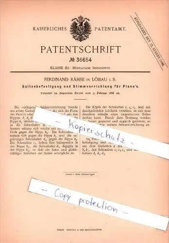 Original Patent - Ferdinand Rähse in Löbau i. S. , 1886 , Musikalische Instrumente !!!