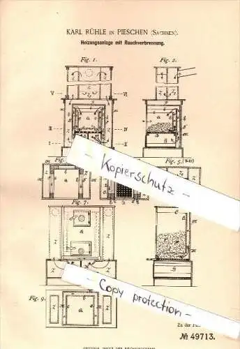 Original Patent - Karl Rühle in Pieschen b. Dresden , 1889 , Heizungsanlage mit Rauchverbrennung , Heizungsbau , Heizung