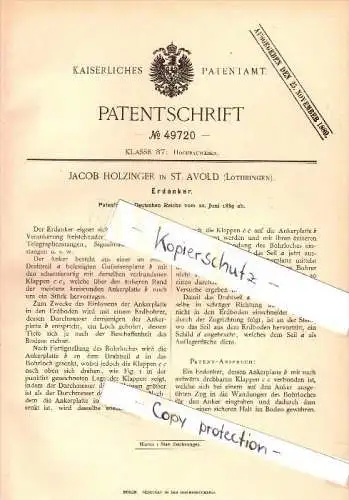 Original Patent - Jacob Holzinger à Saint Avold , Lothringen ,1889 , Ancrages au sol, la construction de batiments , mat