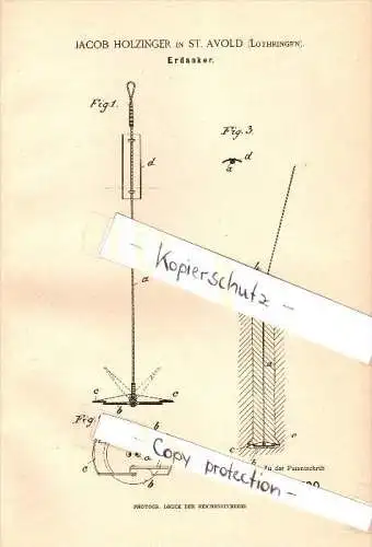 Original Patent - Jacob Holzinger à Saint Avold , Lothringen ,1889 , Ancrages au sol, la construction de batiments , mat